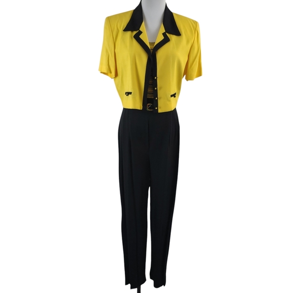 Vintage Pants - Vintage 80s 90s John Roberts Women's Yellow Black Striped Jumpsuit Size 8 Bold